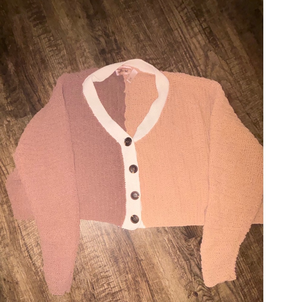 Willow Root Colorblock Chenille Cardigan Sweater Womens Medium Mauve Peach Crop